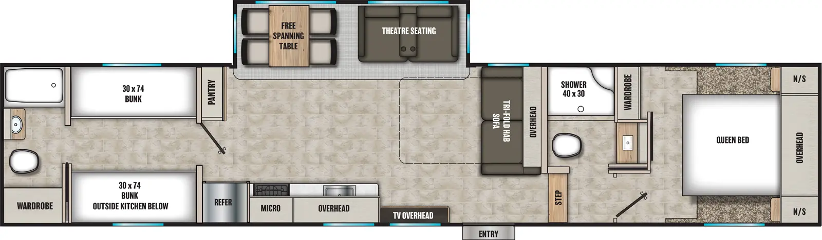 The Phoenix 368TBH floorplan has one entry and one slide out. Exterior features include: fiberglass exterior, 18 awning and outside kitchen. Interiors features include: bunk beds, free-standing dinette option, front bedroom, rear bathroom and two full bathrooms.